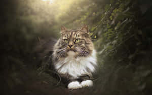 A Majestic Siberian Cat Relaxing Outdoors Wallpaper