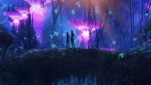 A Man And Woman Standing In A Forest With Purple Mushrooms Wallpaper