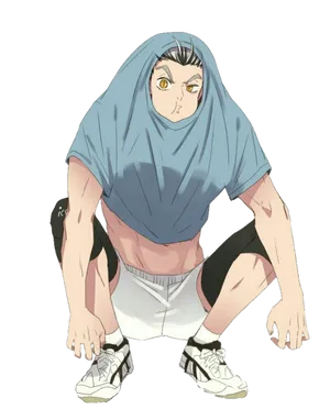 A Man In A Blue Hoodie Crouching Down Wallpaper