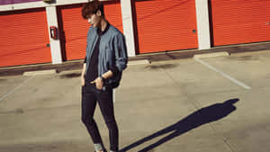 A Man In A Blue Jacket Standing In Front Of A Red Garage Wallpaper