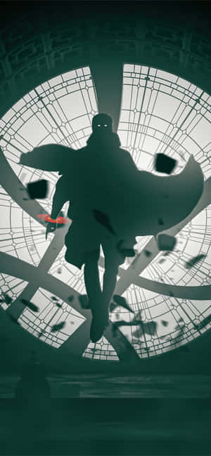 A Man In A Cape Is Flying Through A Circular Window Wallpaper