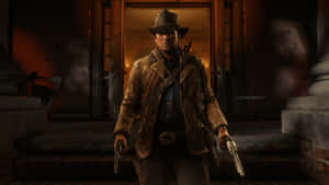 A Man In A Cowboy Hat And Hat Is Standing In Front Of A Door Wallpaper