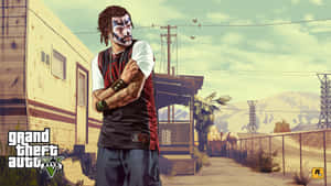 A Man In A Mask Is Standing In Front Of A Building Wallpaper