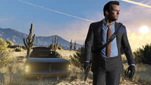 A Man In A Suit Walking Through The Desert Wallpaper