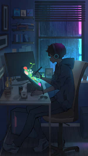 A Man In An Anime-style Outfit Working Away At His Computer Wallpaper