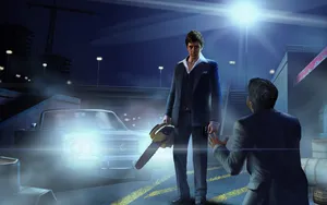 A Man Is Holding A Chainsaw And A Man Is Standing Next To Him Wallpaper