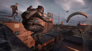 A Man Is Jumping Over A City With A Parachute Wallpaper