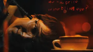A Man Is Sitting In Front Of A Coffee Cup With The Words What Is The Price Of Your Blind Eye Wallpaper