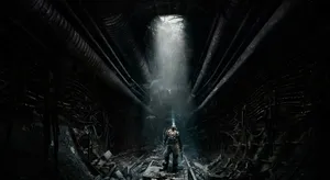 A Man Is Standing In A Dark Tunnel With A Light Shining Through Wallpaper