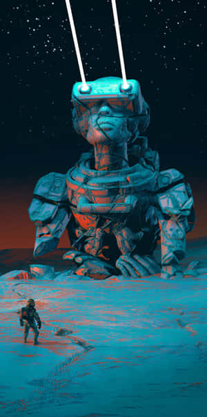 A Man Is Standing In Front Of A Robot In The Desert Wallpaper