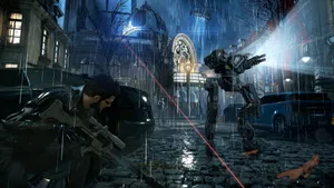 A Man Is Standing In The Rain With A Gun Wallpaper