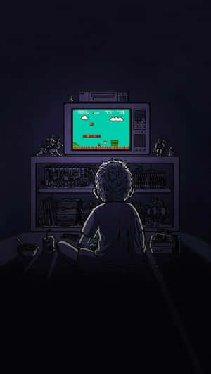 A Man Sitting In Front Of A Television Playing Video Games Wallpaper