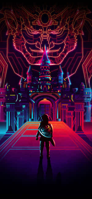 A Man Standing In Front Of A Neon Castle Wallpaper