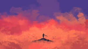 A Man Standing On Top Of A Mountain With A Red And Orange Sky Wallpaper