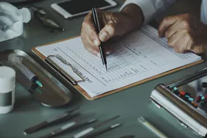 A Man Writing On A Clipboard With Medical Supplies Wallpaper