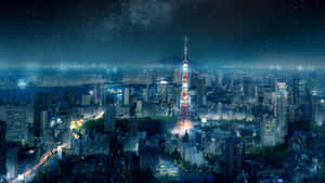 A Mesmerizing Night View Of Tokyo Skyline With An Anime Touch Wallpaper