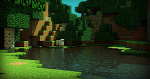 A Minecraft Player Exploring The Vibrant World With Their Loyal Pets Wallpaper