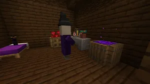 A Minecraft Witch Brewing Potions In Her Spooky Lair Wallpaper