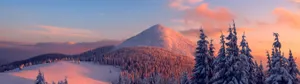 A Mountain With Snow Covered Trees And A Sunset Wallpaper