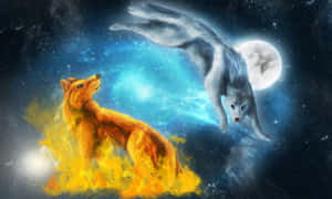 A Mystical Wolf Stands Watch In The Night Sky Wallpaper