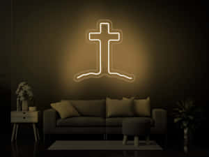 A Neon Cross In A Living Room Wallpaper