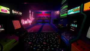 A Neon Lit Arcade Room With Several Arcade Machines Wallpaper