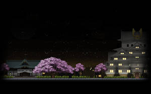 A Night Scene With A Castle And Trees Wallpaper