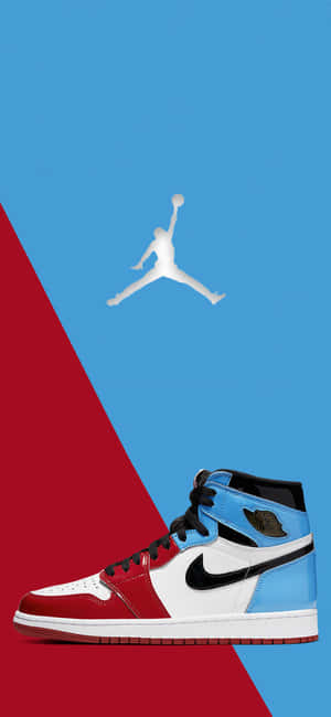 A Nike Air Jordan 1 Is Shown On A Red, Blue And White Background Wallpaper