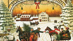 A Painting Of A Christmas Scene With Horses And Carriages Wallpaper