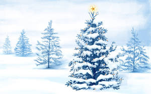 A Painting Of A Christmas Tree In The Snow Wallpaper