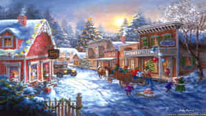 A Painting Of A Christmas Village With People And Carriages Wallpaper