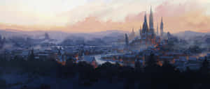 A Painting Of A City At Sunset Wallpaper