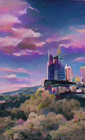 A Painting Of A City With A Purple Sky Wallpaper