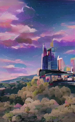 A Painting Of A City With A Purple Sky Wallpaper