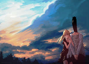 A Painting Of A Couple Standing In The Grass Wallpaper