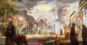 A Painting Of A Fantasy Scene With People Walking Around Wallpaper