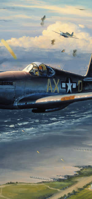 A Painting Of A Fighter Plane Flying Over The Ocean Wallpaper