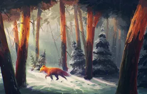 A Painting Of A Fox In The Snow Wallpaper
