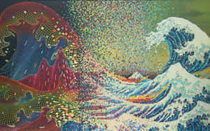 A Painting Of A Great Wave With Colorful Dots Wallpaper