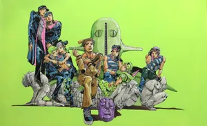 A Painting Of A Group Of People With A Green Background Wallpaper
