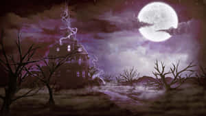 A Painting Of A Haunted House With A Full Moon Wallpaper