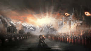 A Painting Of A Man Walking Through A Crowd Of People Wallpaper