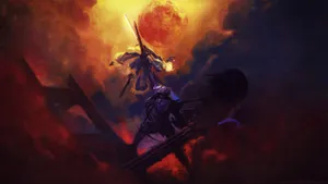 A Painting Of A Man With A Sword And A Sun Wallpaper