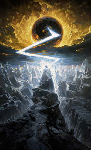 A Painting Of A Mountain With A Lightning Bolt In The Sky Wallpaper