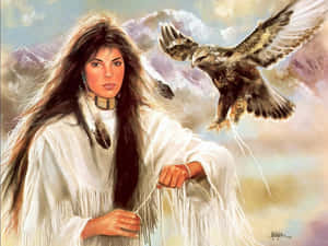 A Painting Of A Native American Woman With An Eagle Wallpaper