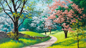 A Painting Of A Road With Trees And Flowers Wallpaper