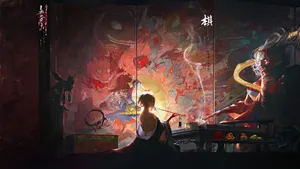 A Painting Of A Woman With A Demon On Her Head Wallpaper