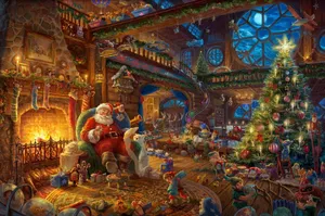 A Painting Of Santa Claus In A Christmas Room Wallpaper