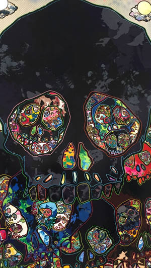 A Painting Of Skulls And Colorful Skulls Wallpaper