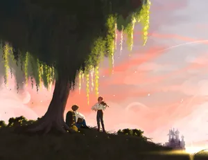 A Painting Of Two People Sitting Under A Tree Wallpaper